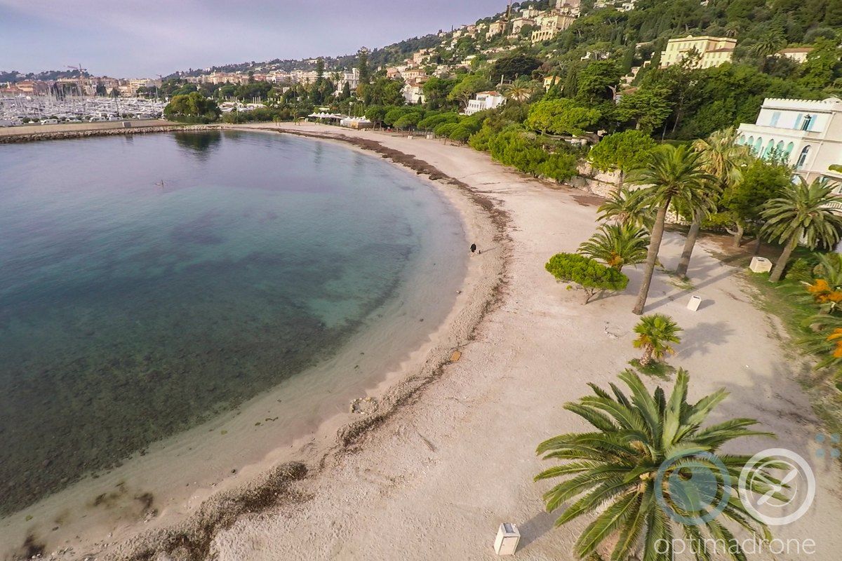 Aerial view of the Plage de la Petite Afrique under the cliffs at Beaulieu-sur-Mer