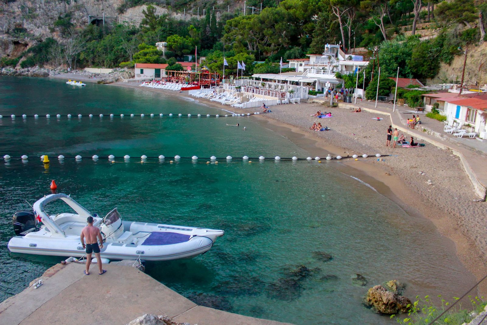 Swimmers and boats at Plage Mala, Cap d'Ail, in summer
