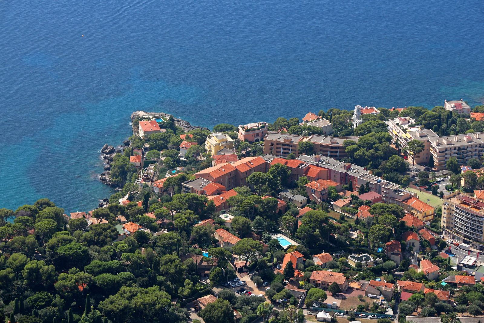 Cap d'Ail from the air, the villas and pines of the point above the sea