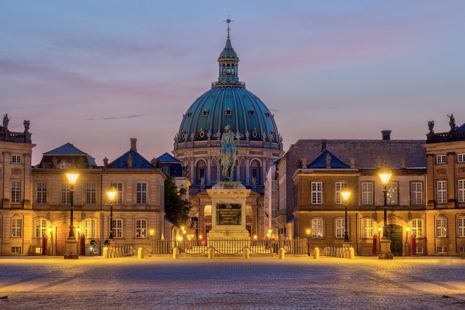 Amalienborg Palace and the Marble Church in Copenhagen after sunset