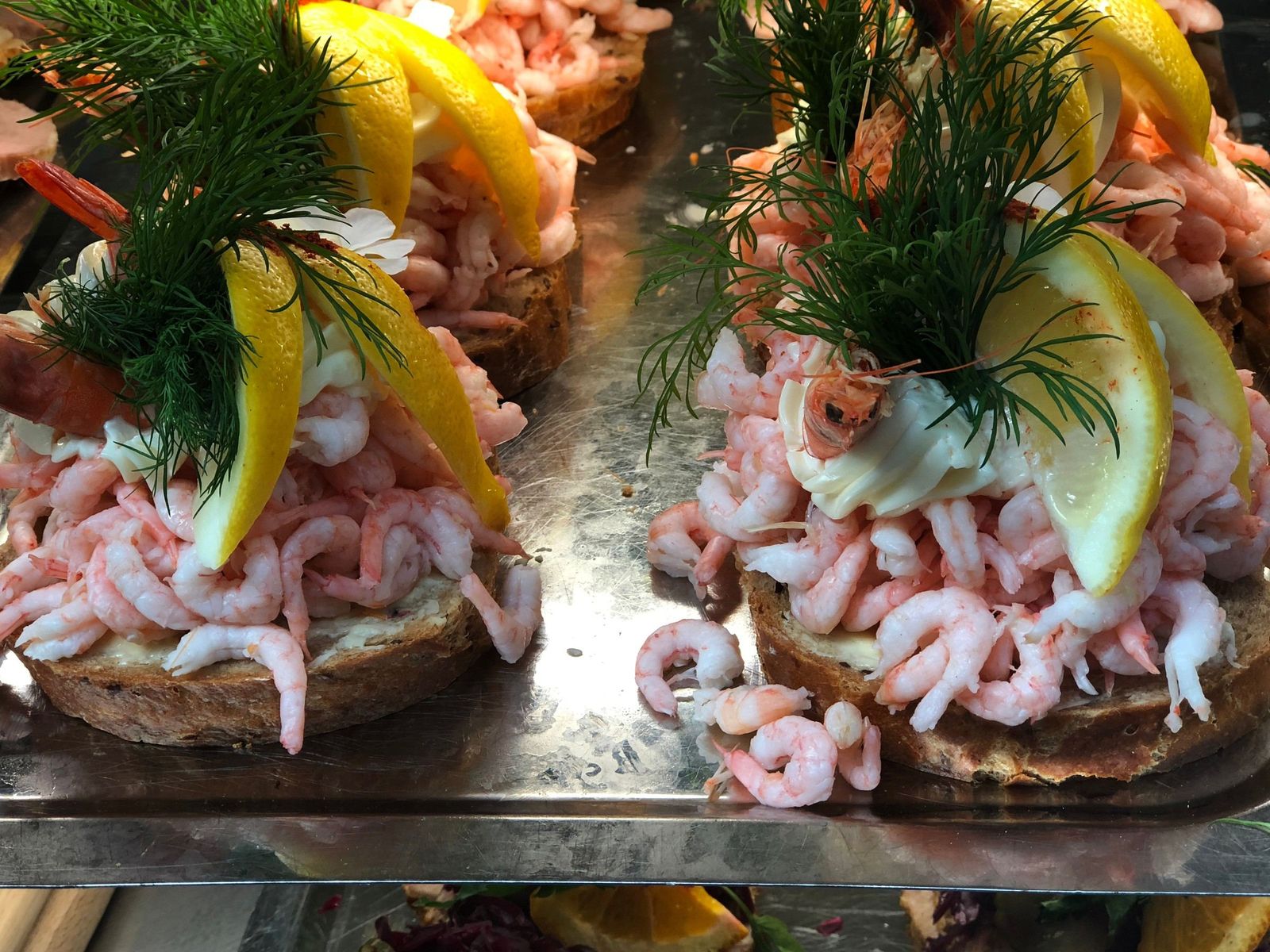 Danish open sandwiches with shrimp in Copenhagen