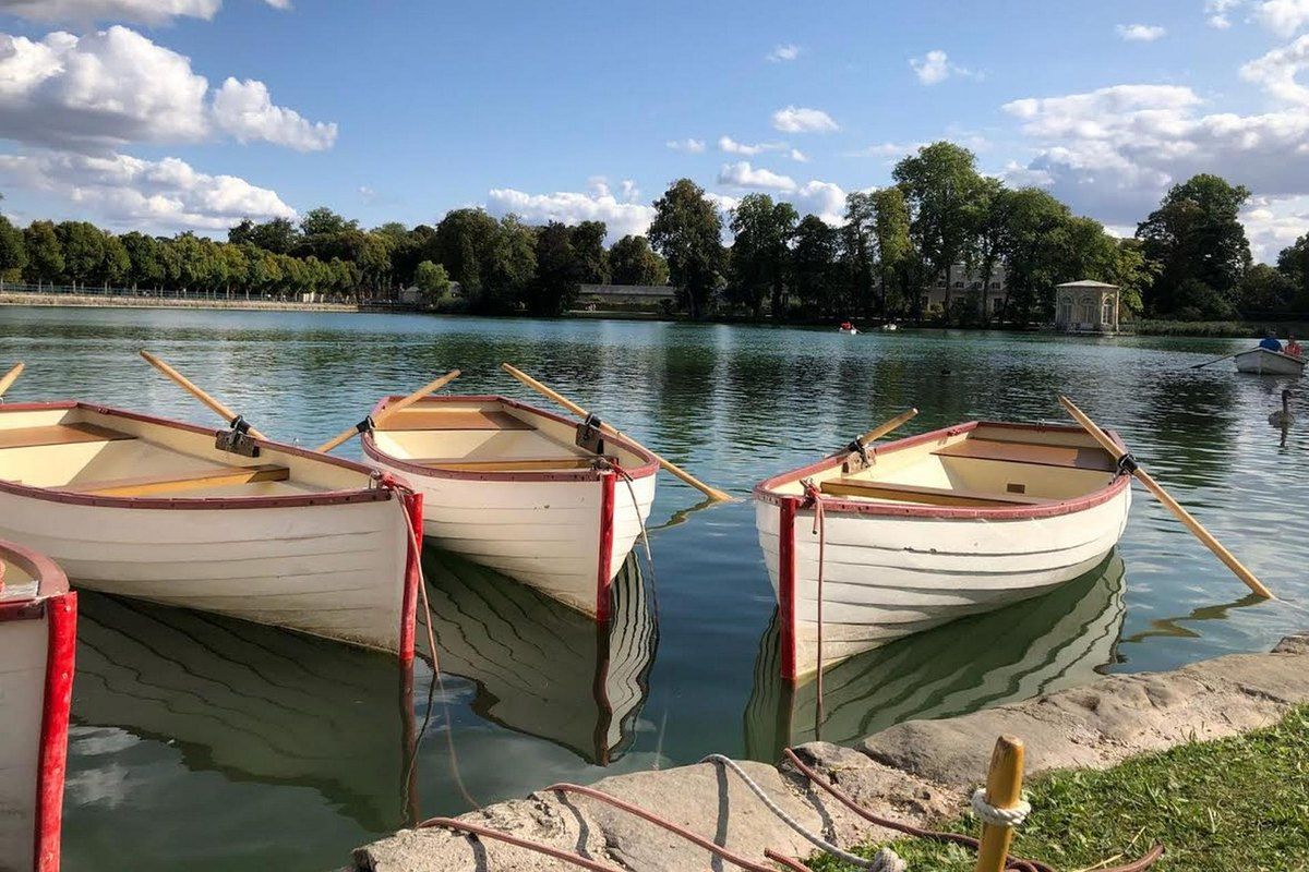 White wooden rowing boats moored at the edge of the Étang aux Carpes at the Château de Fontainebleau