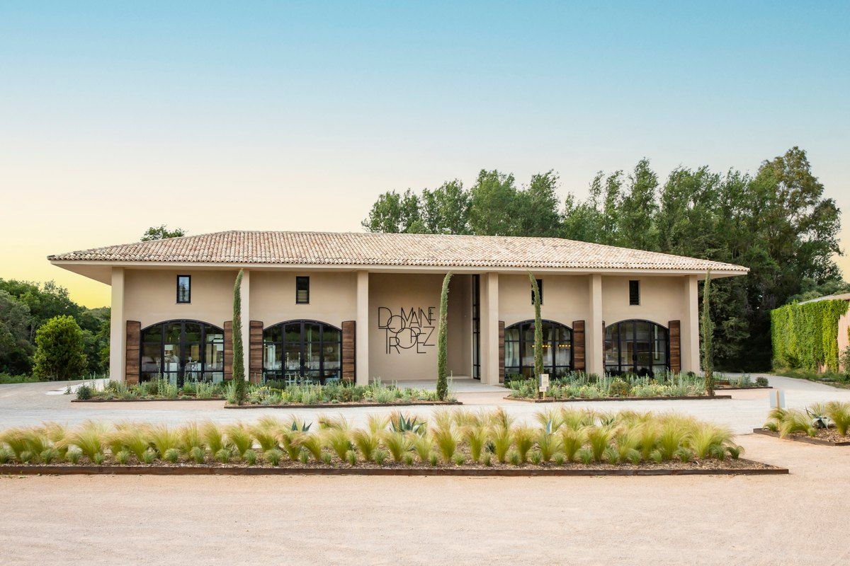 The cellar and tasting building of the Domaine Tropez among the vines at Gassin