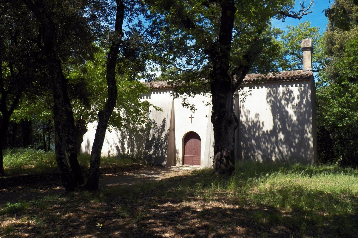 The white Chapelle Notre-Dame-de-la-Consolation among oaks near Gassin