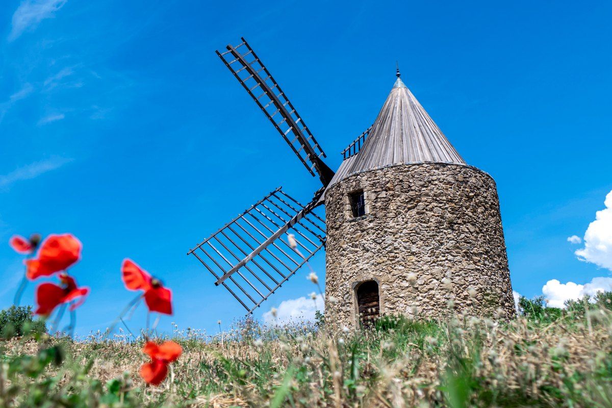 The stone windmill of Saint-Roch with its sails, red poppies in the foreground