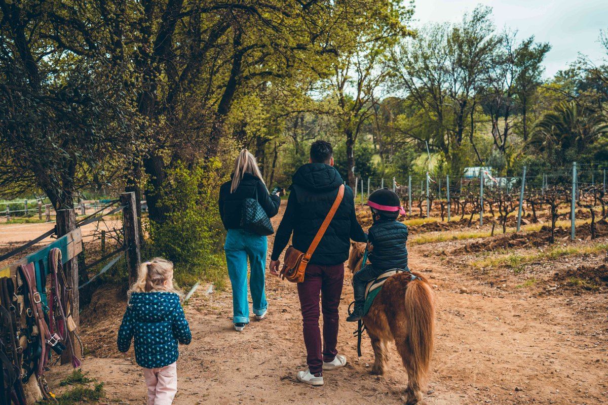 A family leading a child on a pony along a track by the vines at the Ranch La Mène