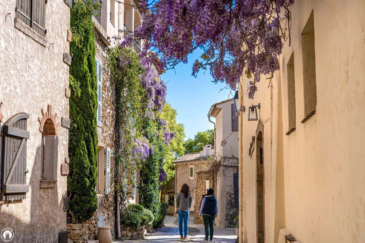 Walkers in a stone lane of Grimaud village under a canopy of wisteria