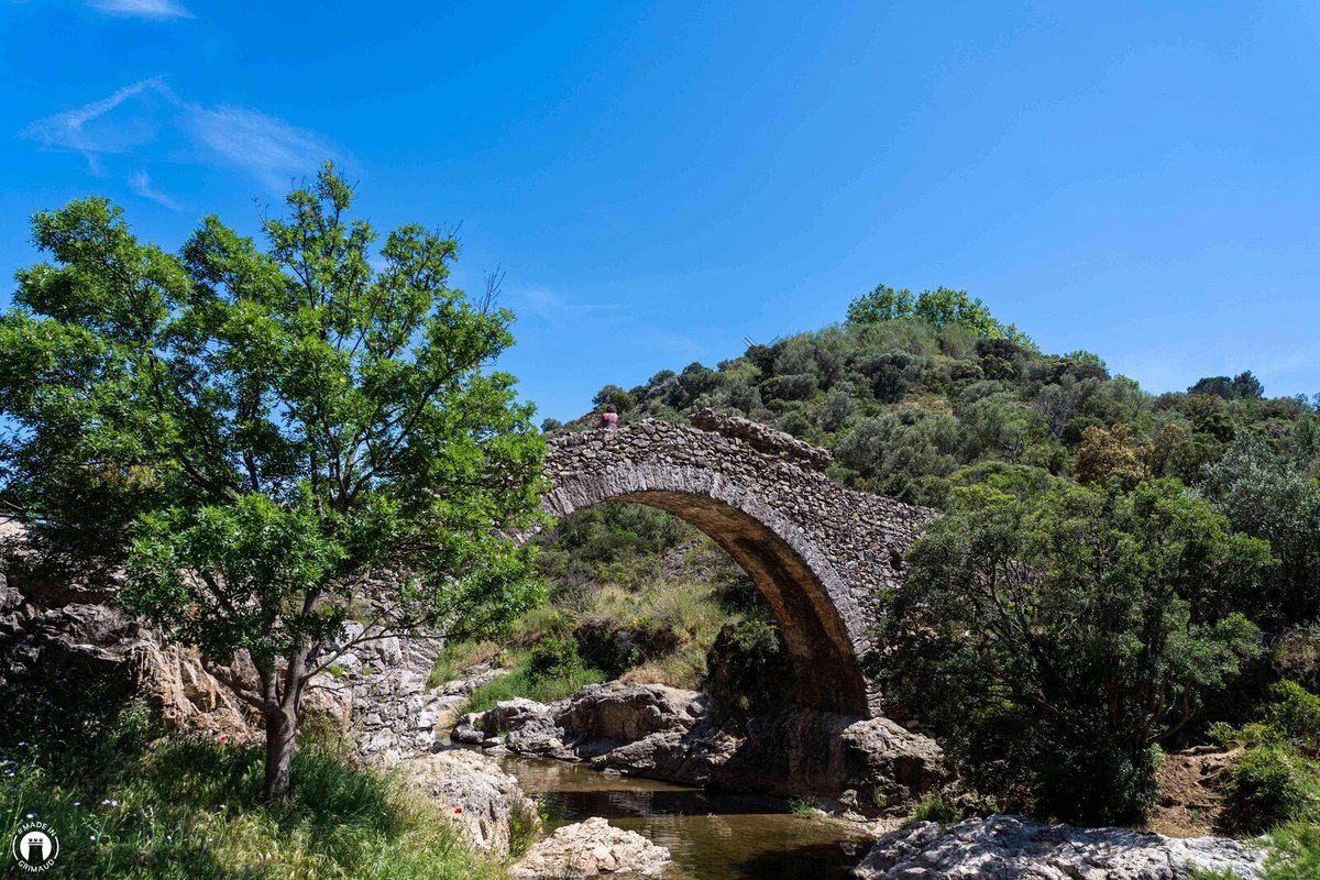 The Pont des Fées half hidden among green oaks in the rocky valley of the La Garde stream