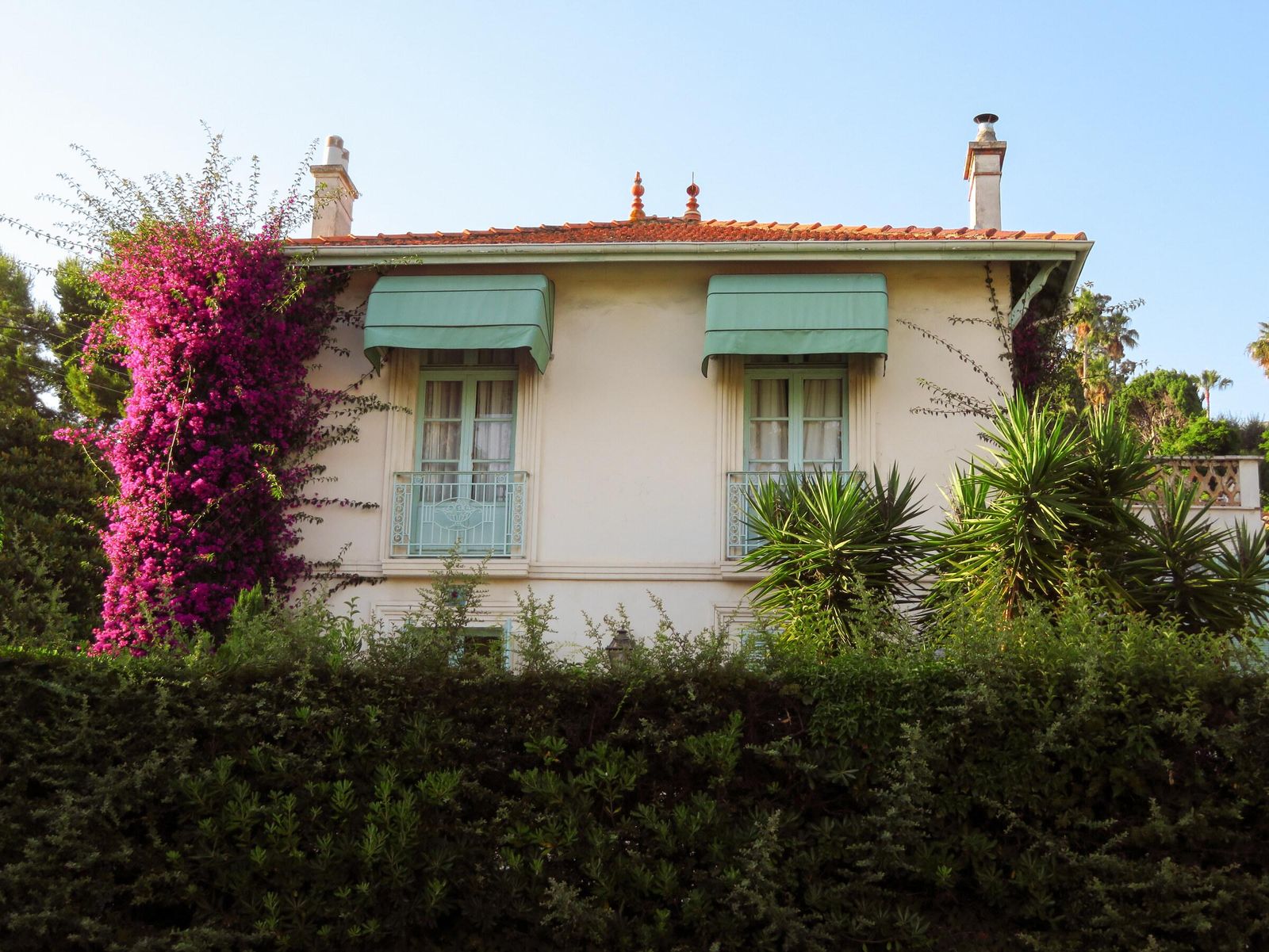 An old villa with green awnings behind a hedge and pink bougainvillea in Cannes, next door to Le Cannet