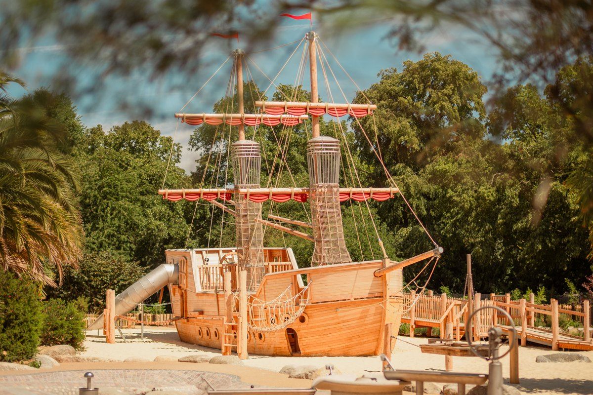 The new wooden pirate galleon on its sandy beach in the Diana, Princess of Wales Memorial Playground