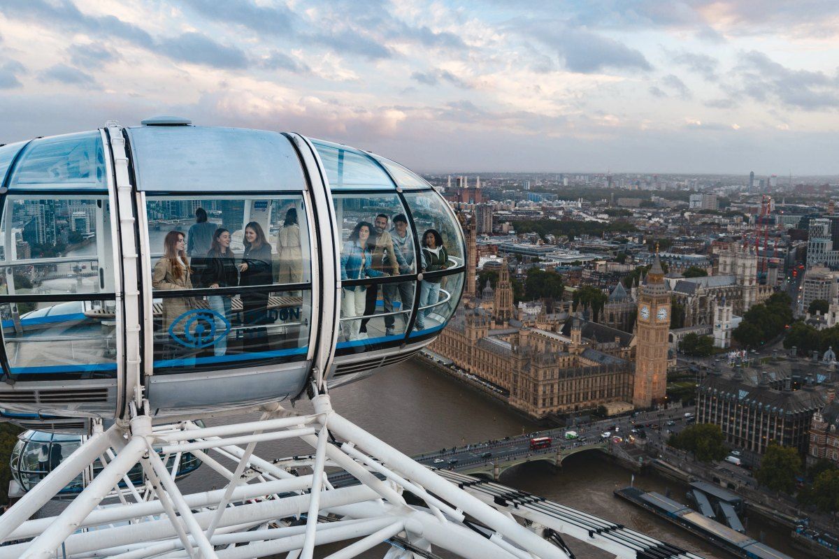 A London Eye capsule high above Westminster and the Houses of Parliament