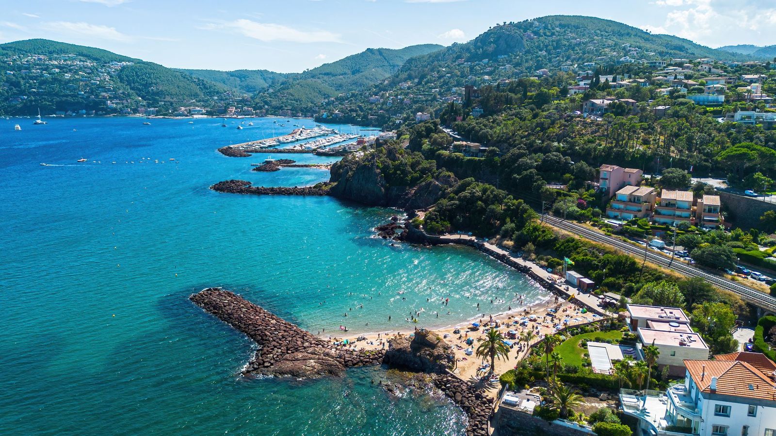 The Plage de la Raguette, a rocky cove beach at Mandelieu-la-Napoule, from the air