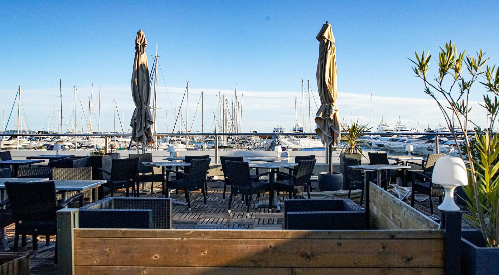A restaurant terrace on the port of Mandelieu-la-Napoule