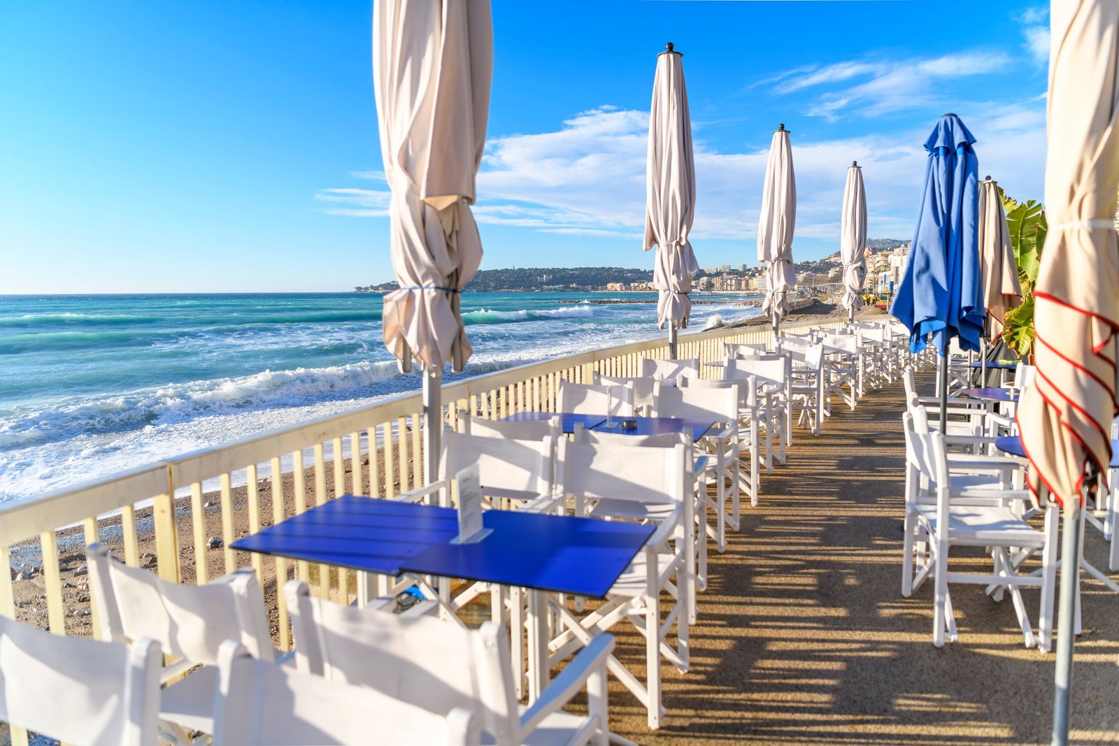 A seaside café along the Plage du Casino in Menton