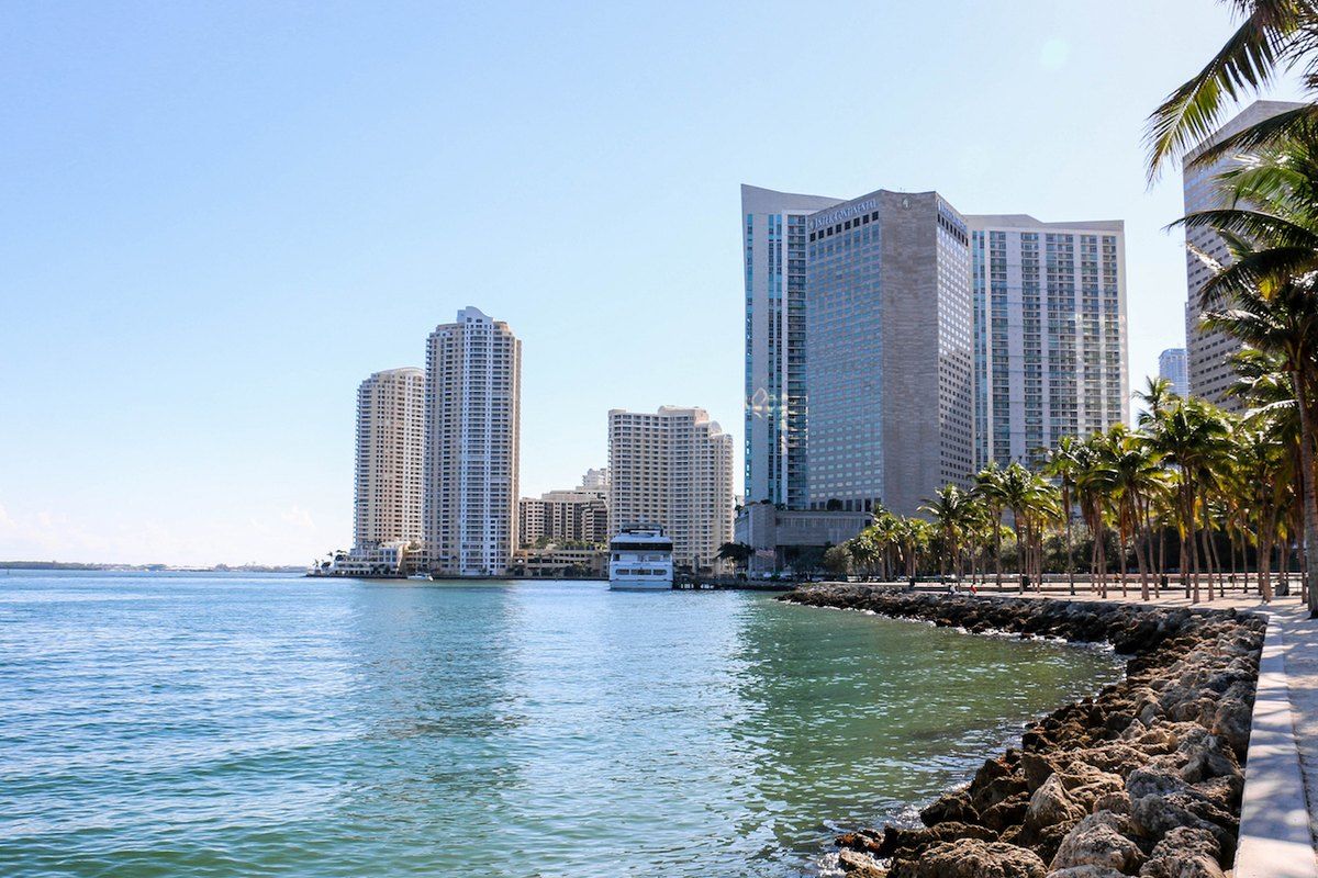 The Brickell skyline across Biscayne Bay from the palm-lined baywalk of Bayfront Park