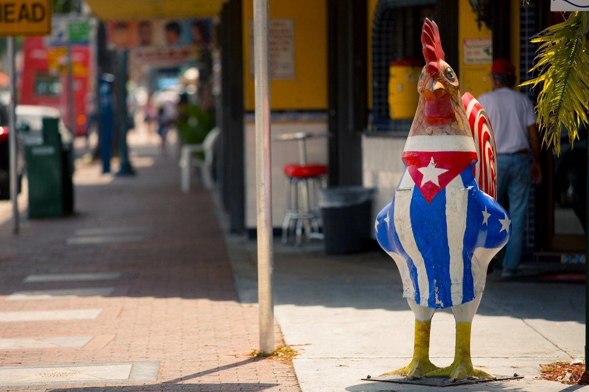 A rooster sculpture painted in the colours of the Cuban flag on the pavement of Calle Ocho, Little Havana