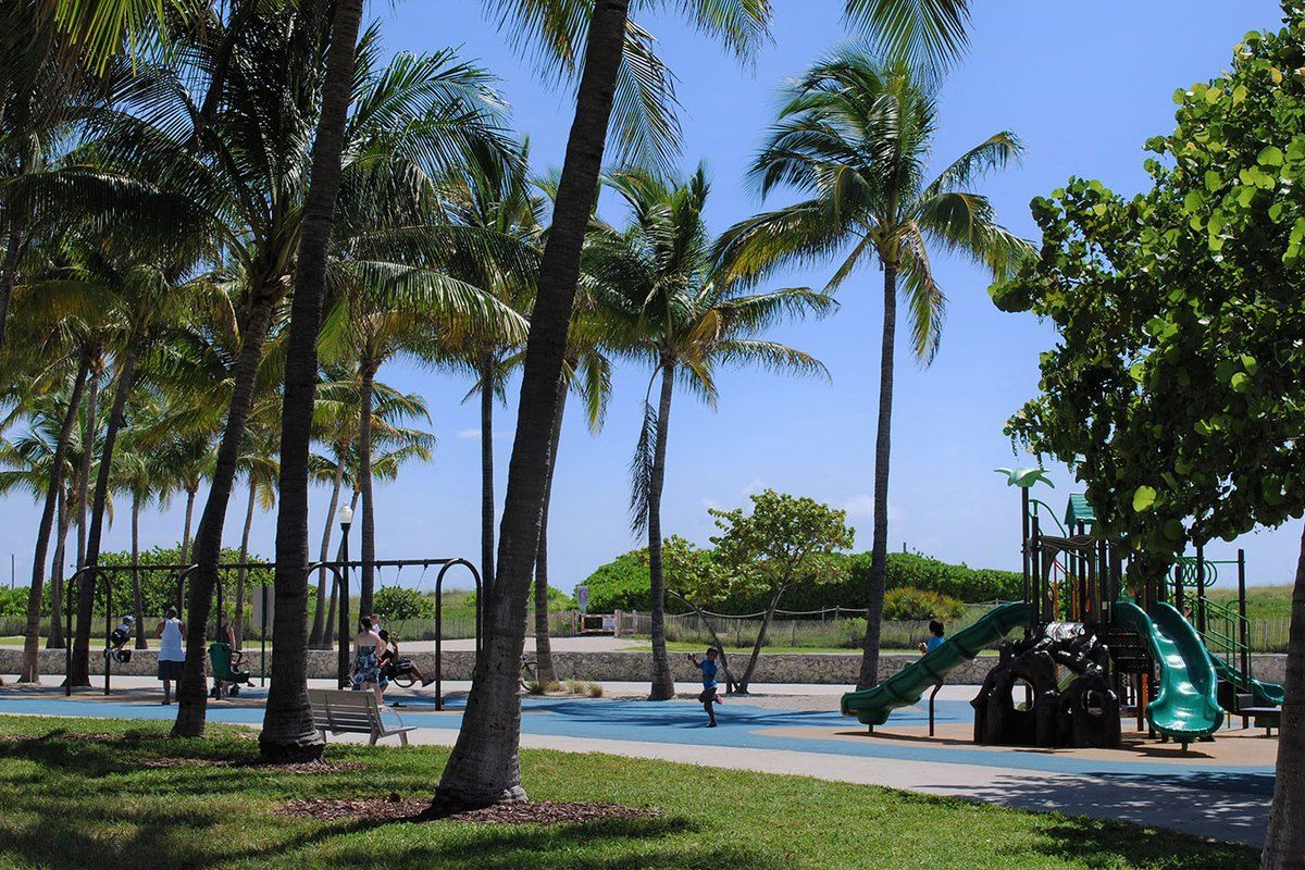The children's playground under the palms of Lummus Park, with the beach dunes behind