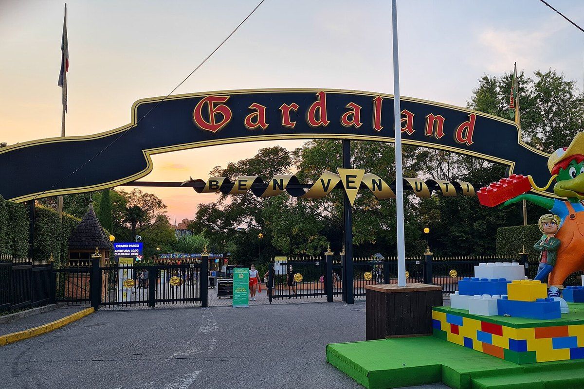 The Gardaland entrance arch at dusk, Castelnuovo del Garda