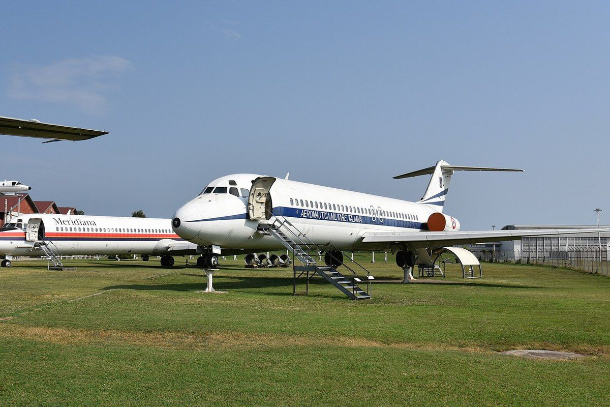 Airliners with boarding stairs parked on the lawn at Volandia, the flight park and museum by Malpensa