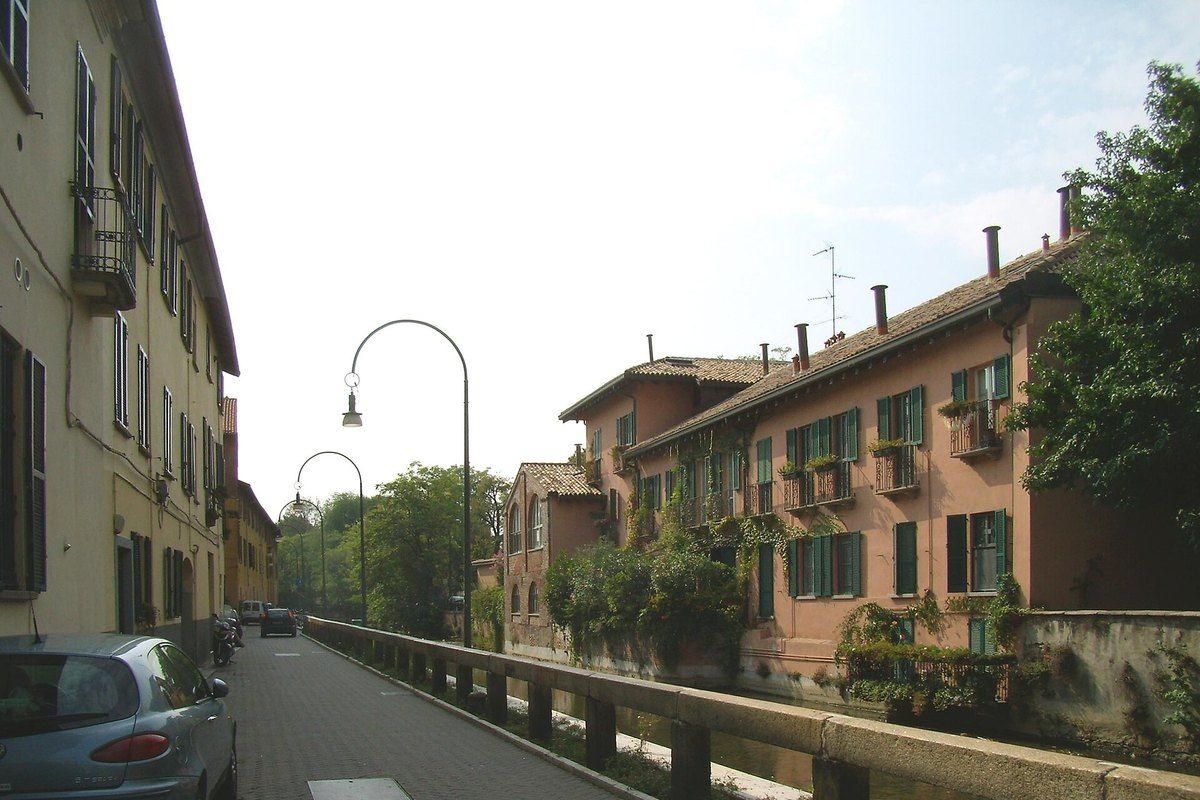 The towpath and old houses along the Naviglio Martesana at Gorla, Milan
