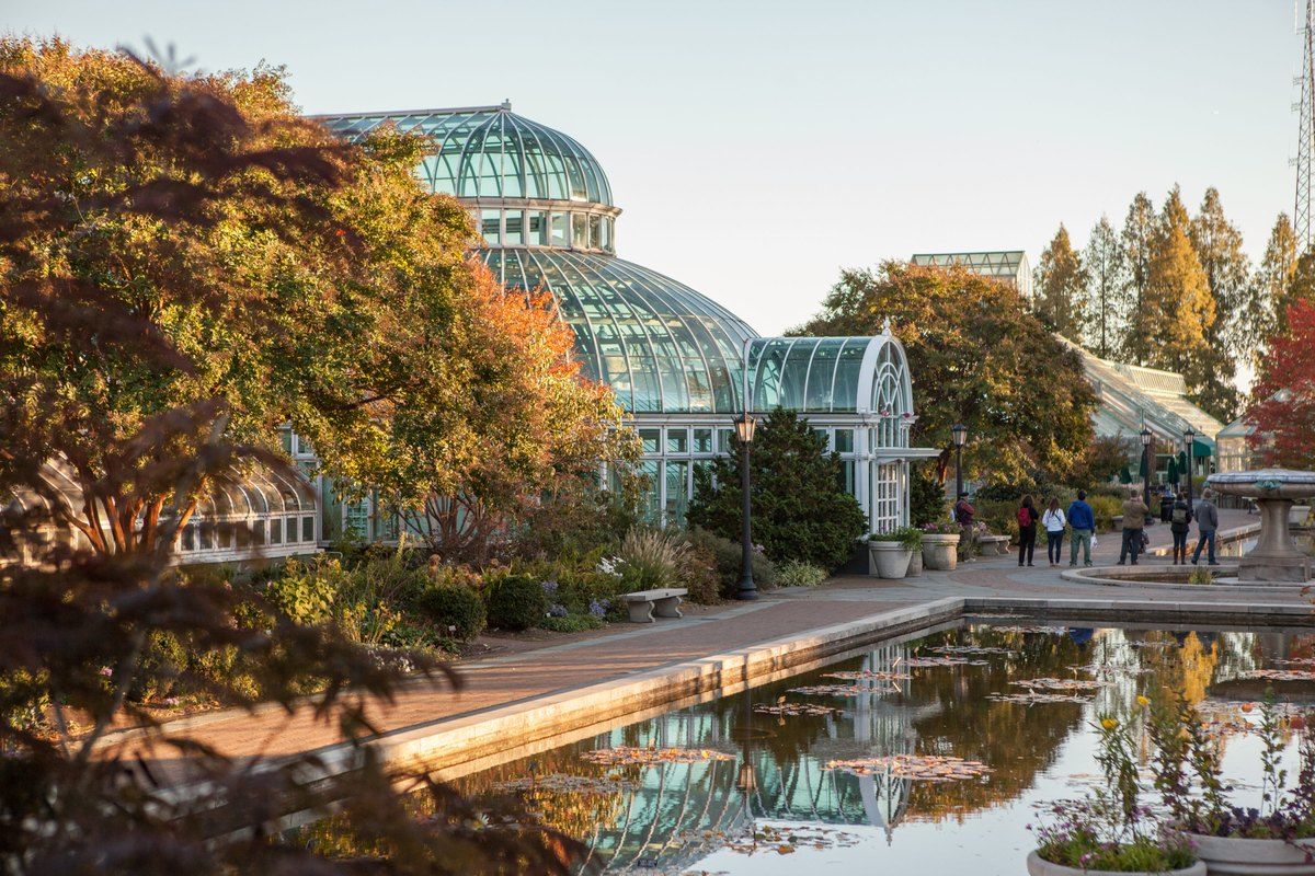 Autumn trees reflected in a pool in front of the glass conservatory at Brooklyn Botanic Garden