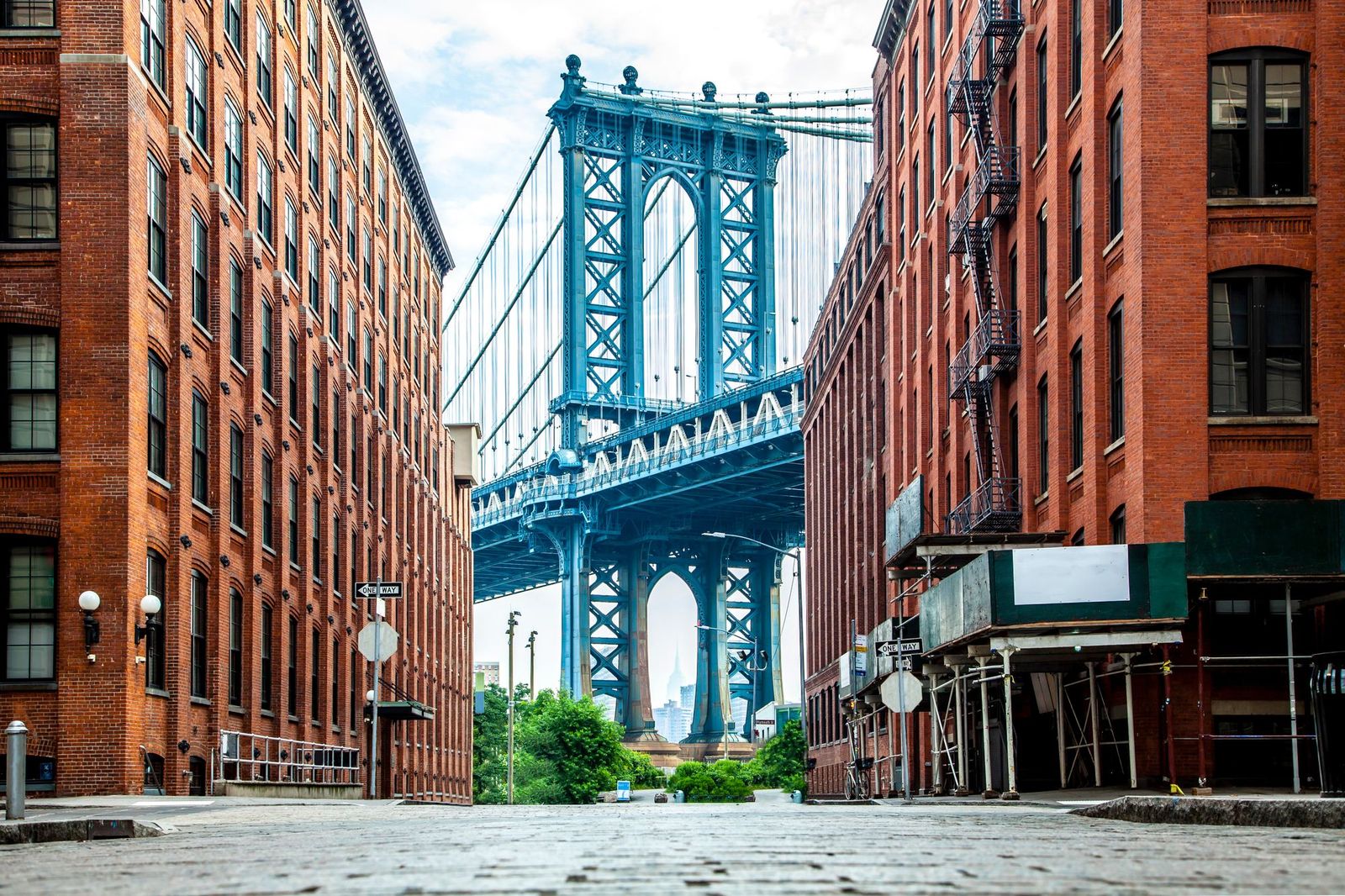 The Manhattan Bridge framed by Washington Street in Dumbo, Brooklyn