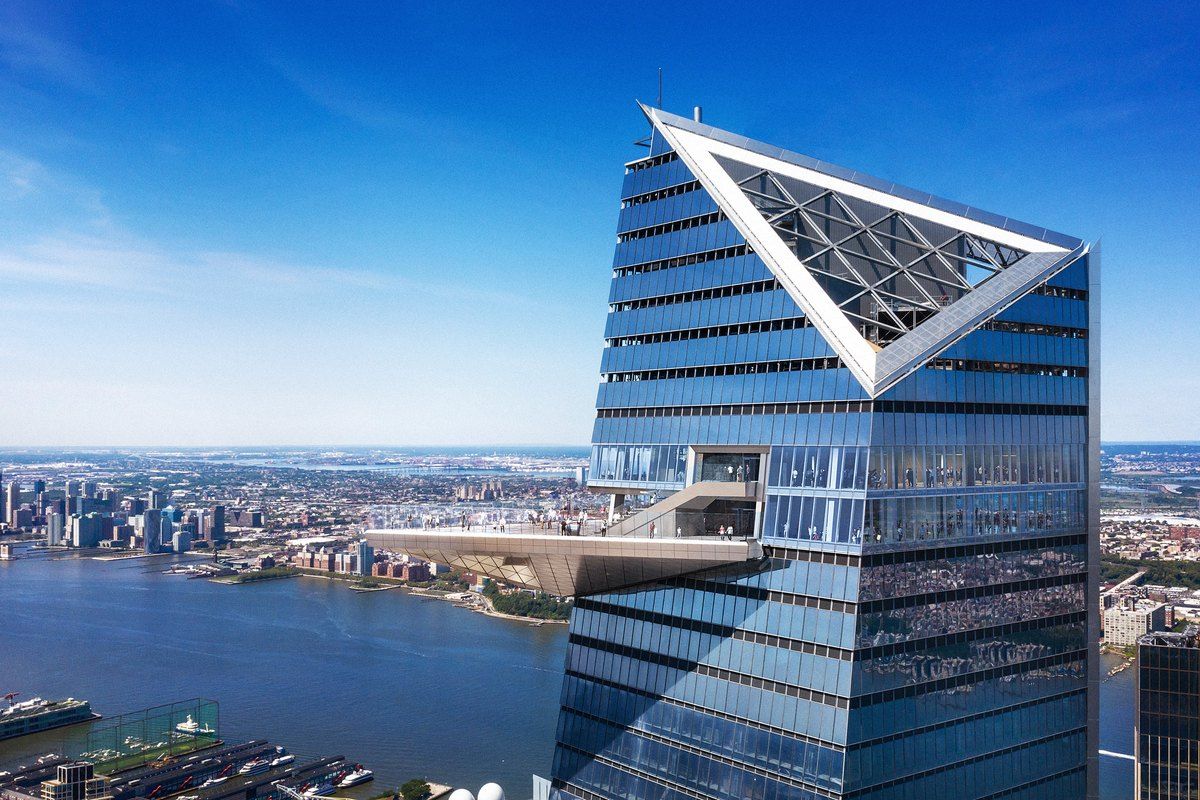 The Edge observation deck jutting out from 30 Hudson Yards above the Hudson River