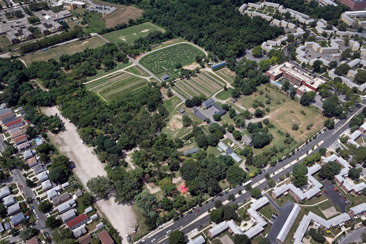 Aerial view of the fields, orchard and farm buildings of the Queens County Farm Museum
