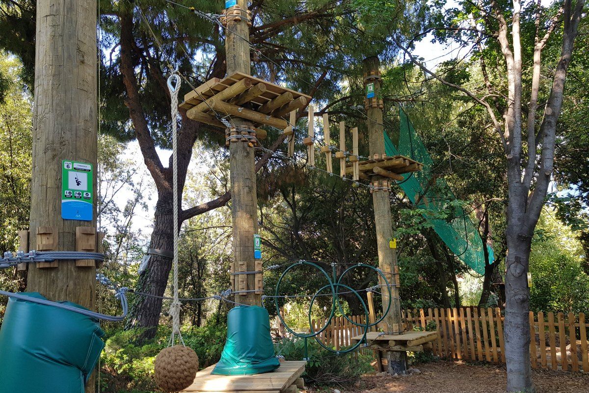 Rope bridges and wooden platforms of the Nissa'venture tree-top course among the trees of Parc Phoenix, Nice