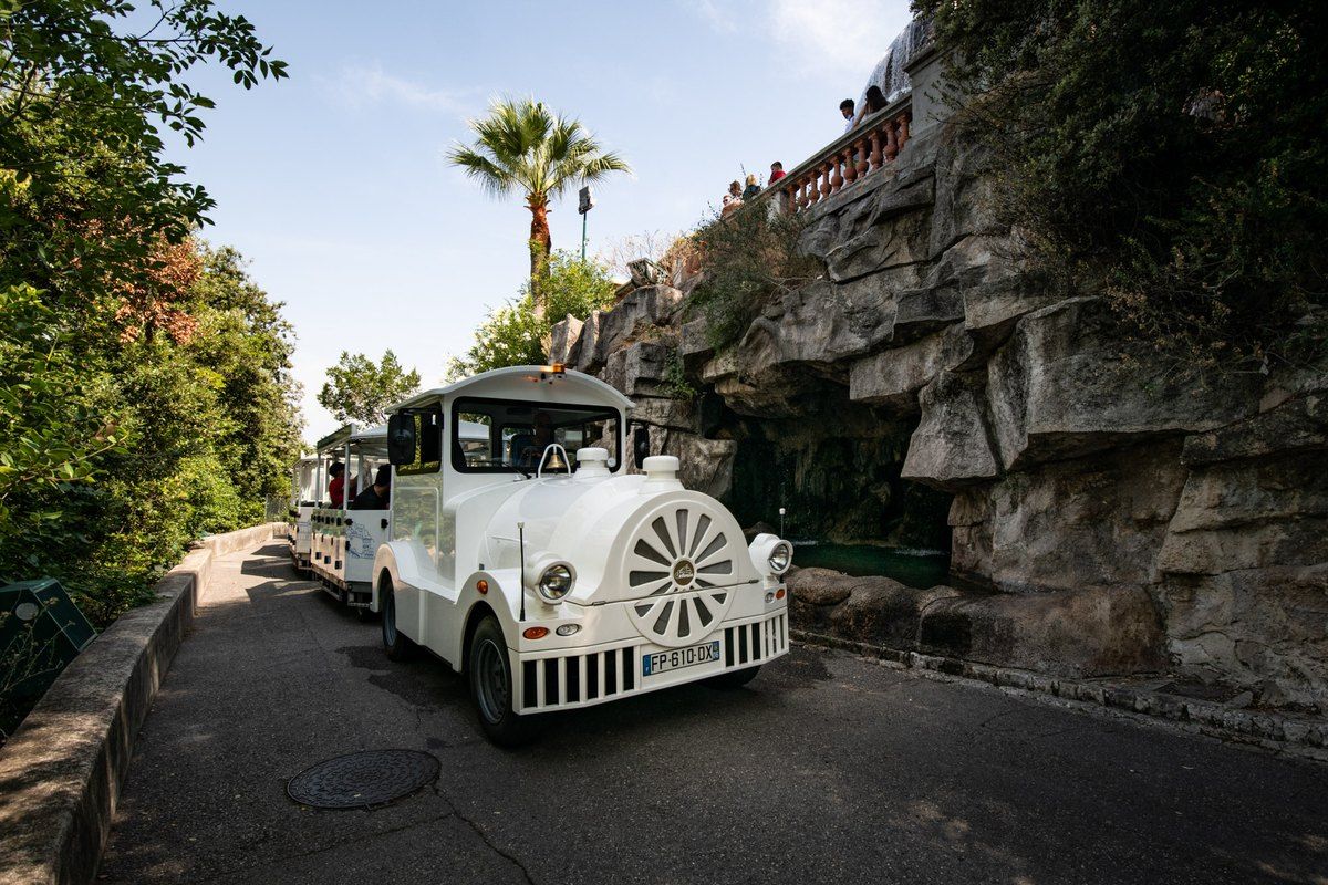 The white electric tourist train climbing the road up Castle Hill in Nice under palm trees