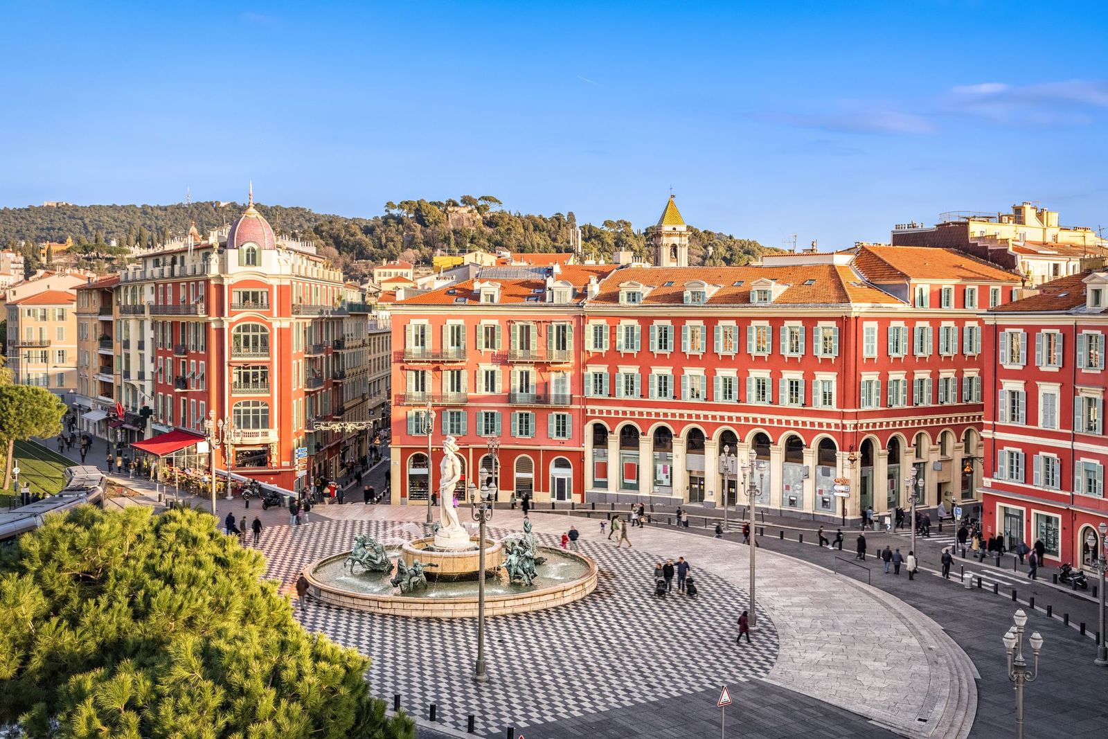 Place Masséna and its red façades from the air, Nice