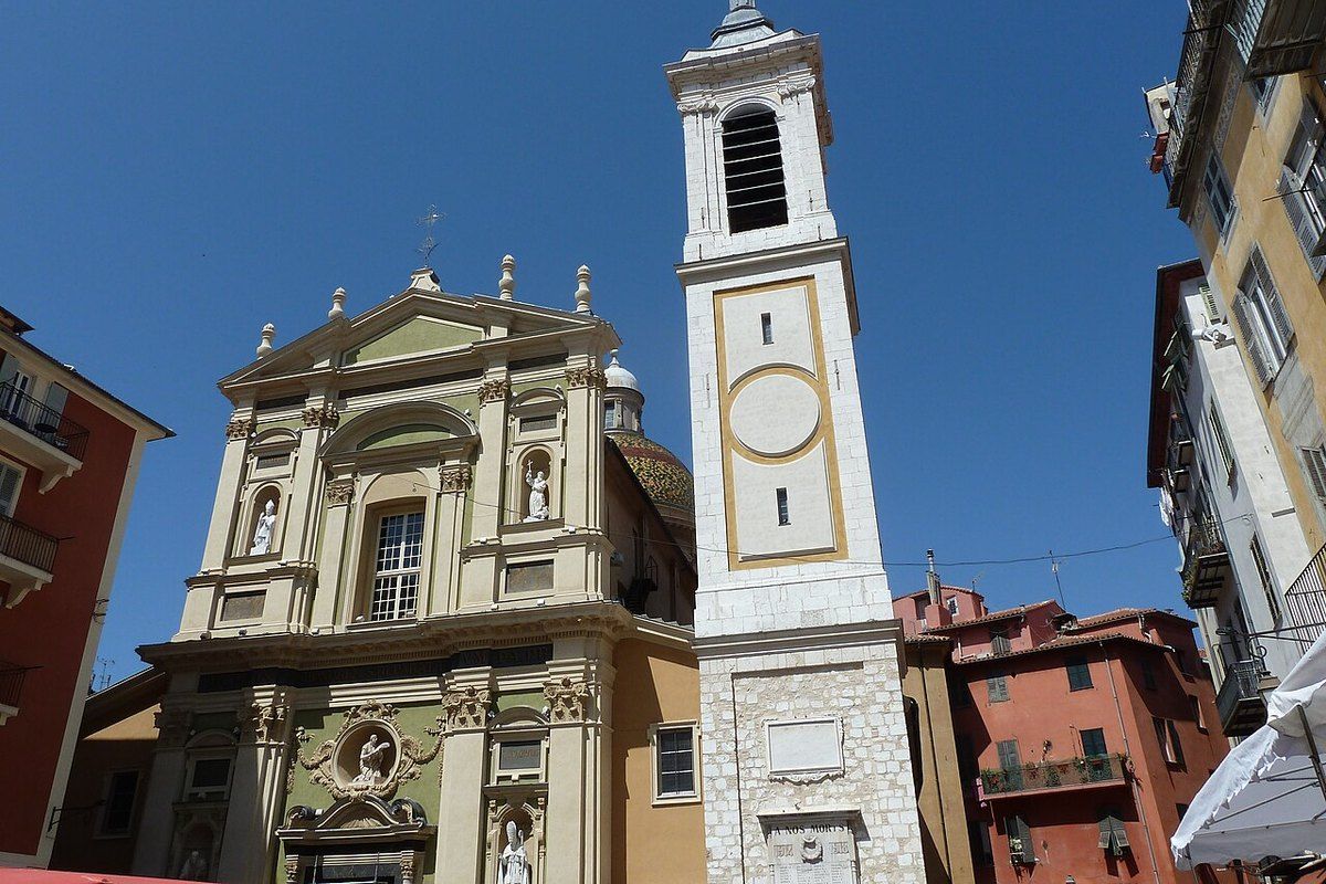 The baroque façade and bell tower of Sainte-Réparate cathedral in Vieux Nice