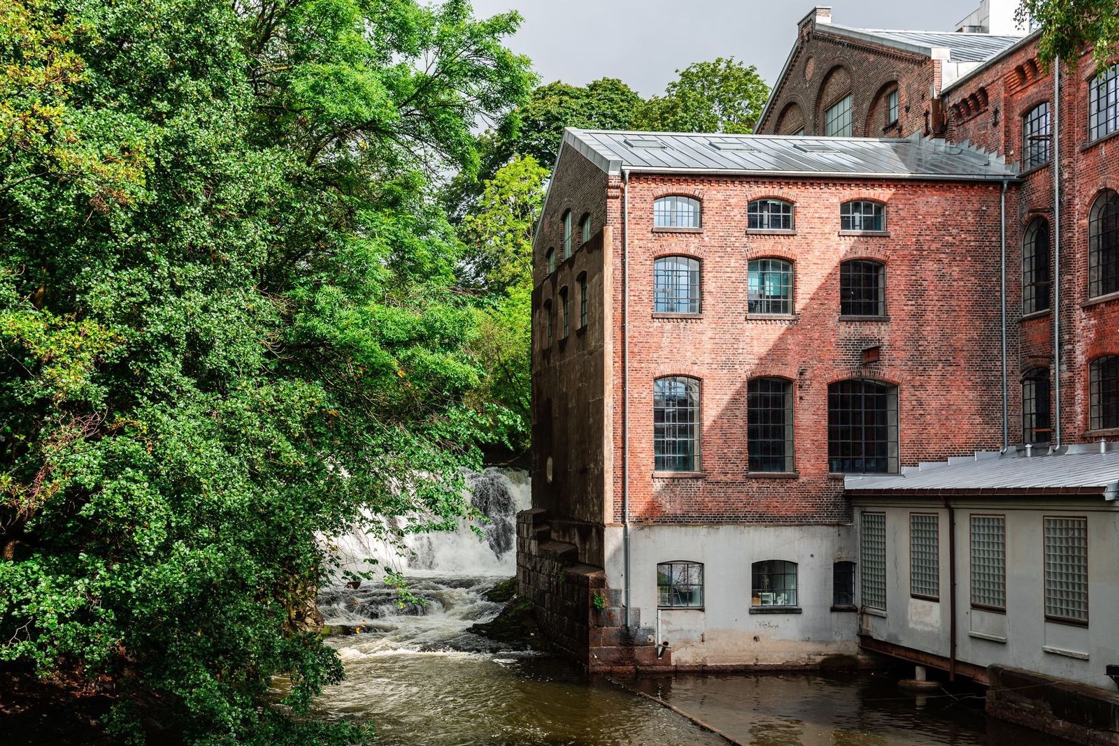 An old mill and a waterfall on the Akerselva river in Grünerløkka, Oslo