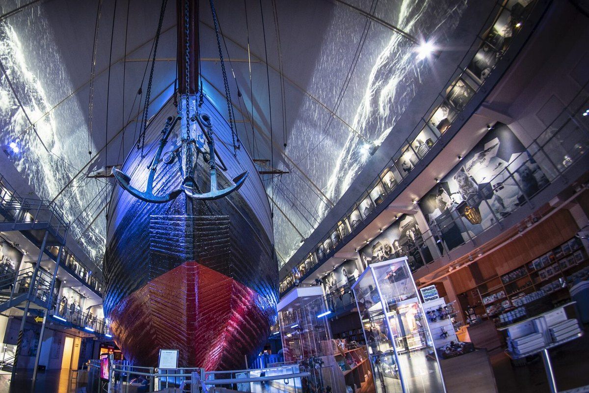 The polar ship Fram under the vaulted roof of the Fram Museum on Bygdøy, Oslo