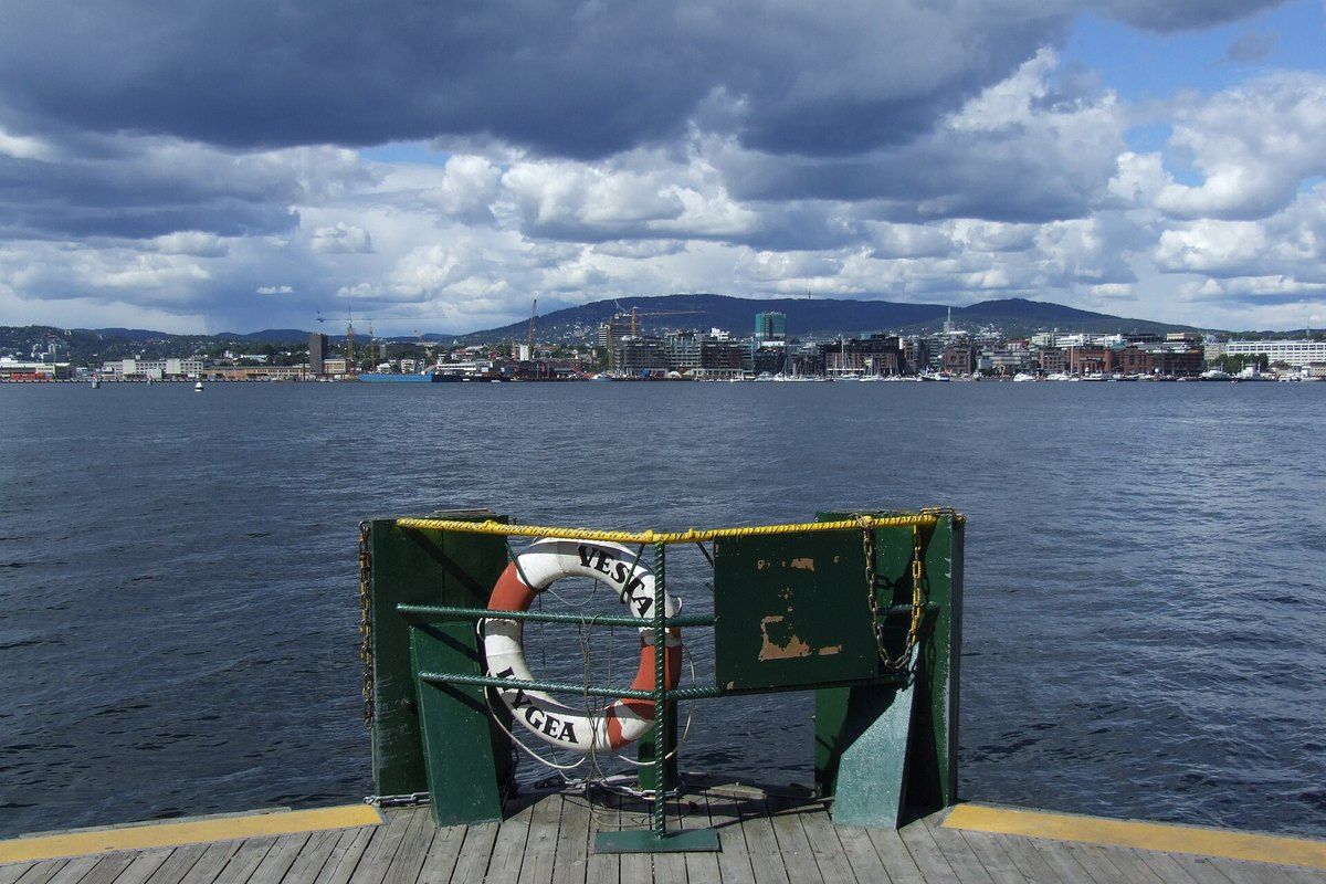 The ferry pier on Hovedøya looking across the fjord to central Oslo