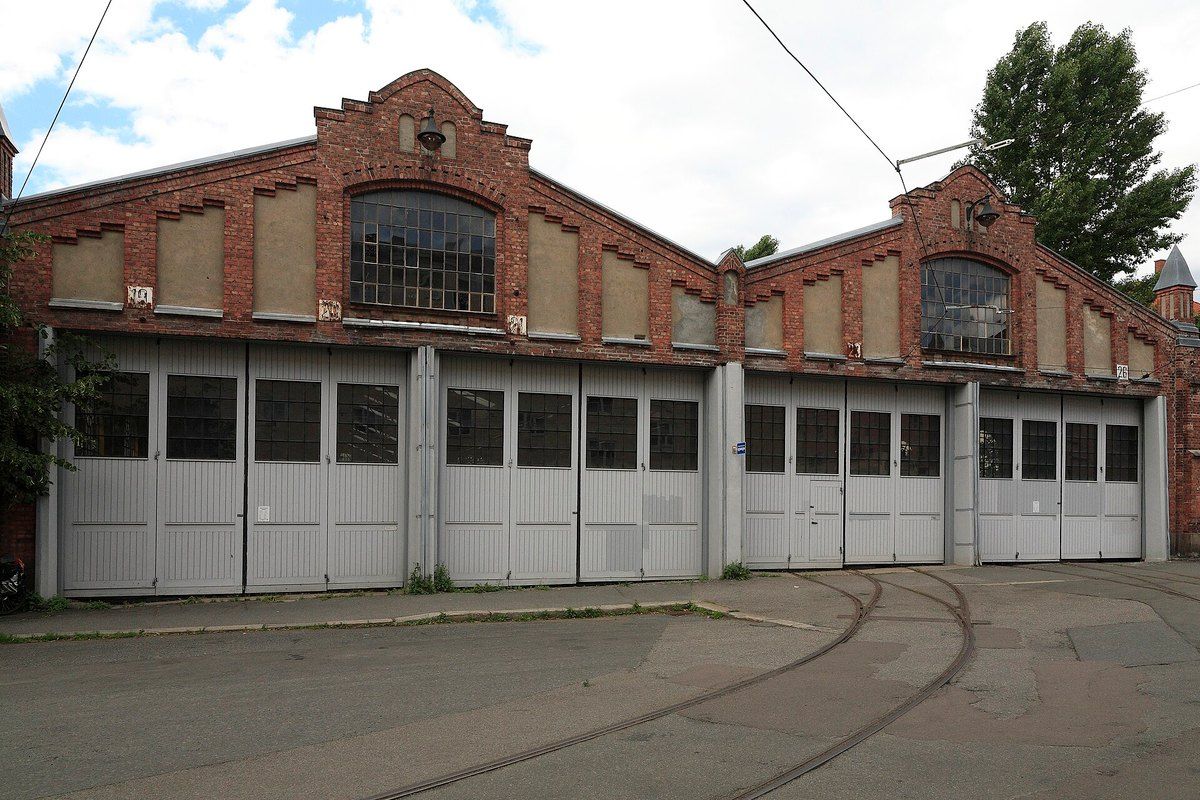 The red-brick tram depot Vognhall 5 at Majorstuen, home of the Oslo Tramway Museum