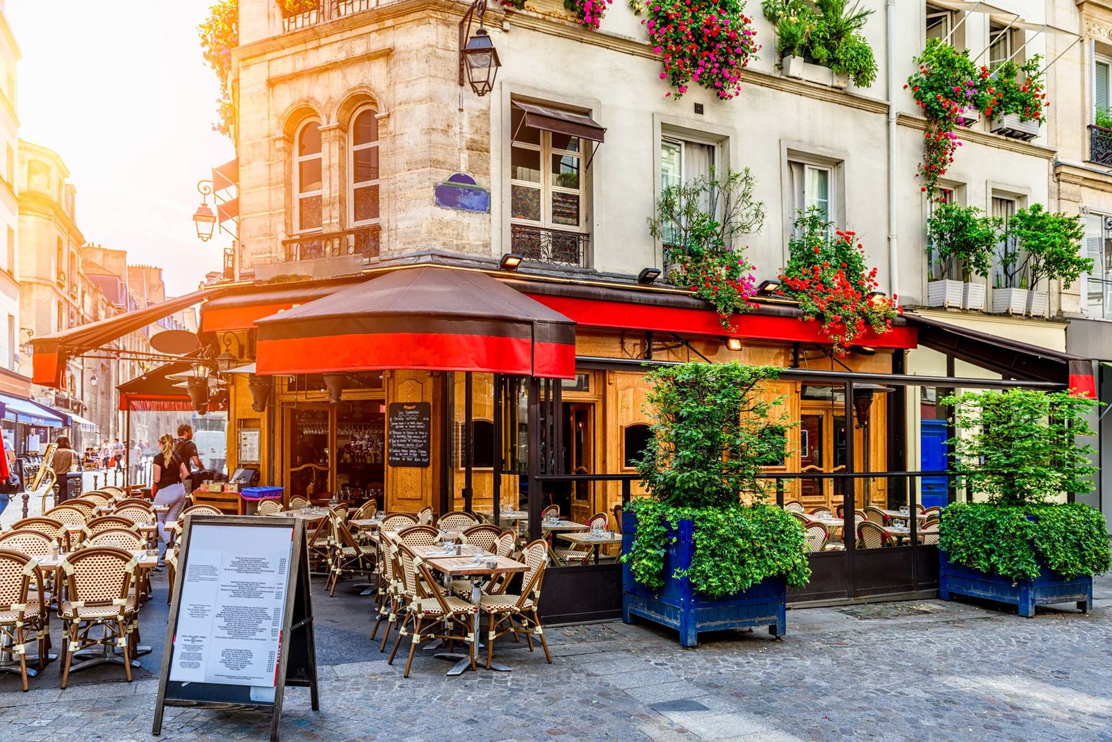 Café tables along a Paris street