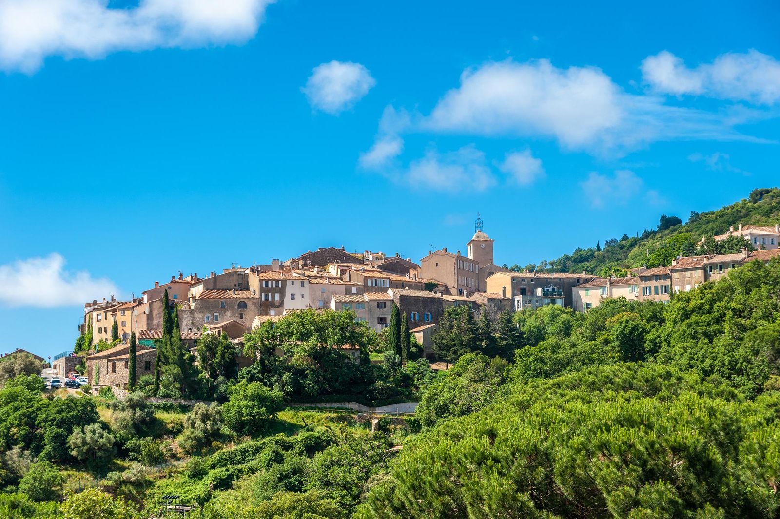 The hilltop village of Ramatuelle under a blue sky