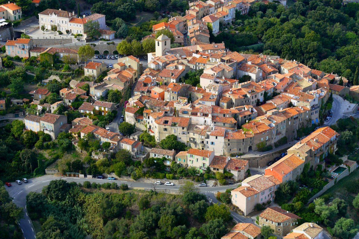 Aerial view of the hill village of Ramatuelle coiled around its church