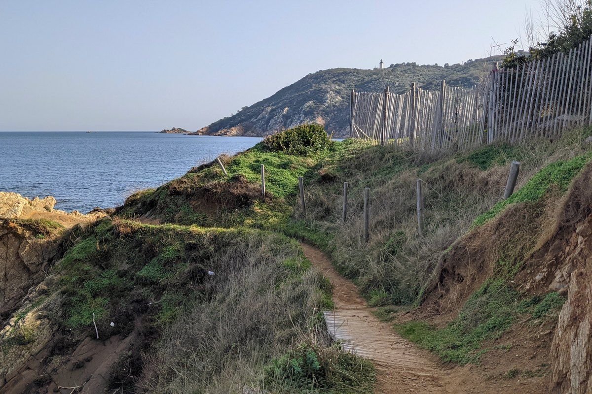 The coastal path climbing between fences and scrub towards Cap Camarat