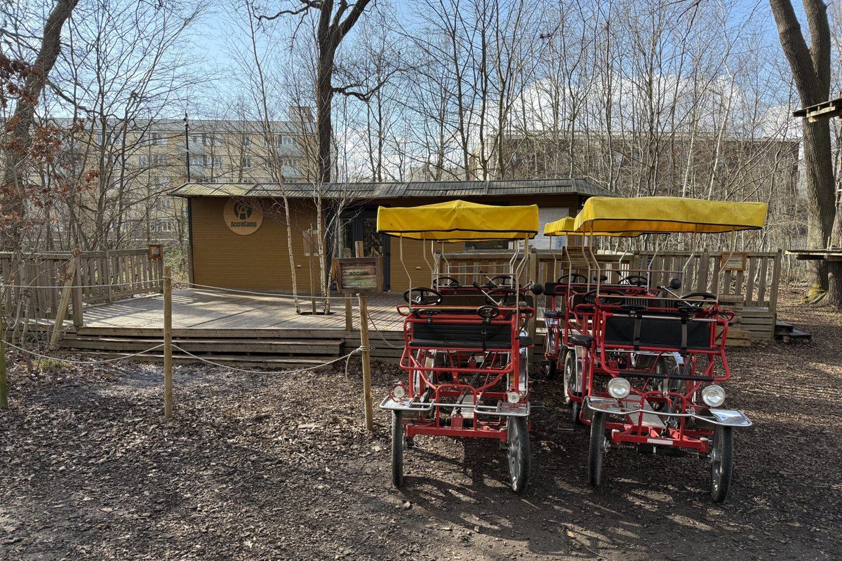 Red pedal cars with yellow canopies (rosalies) lined up by the cabin in the Charmeraie forest park, Saint-Germain-en-Laye