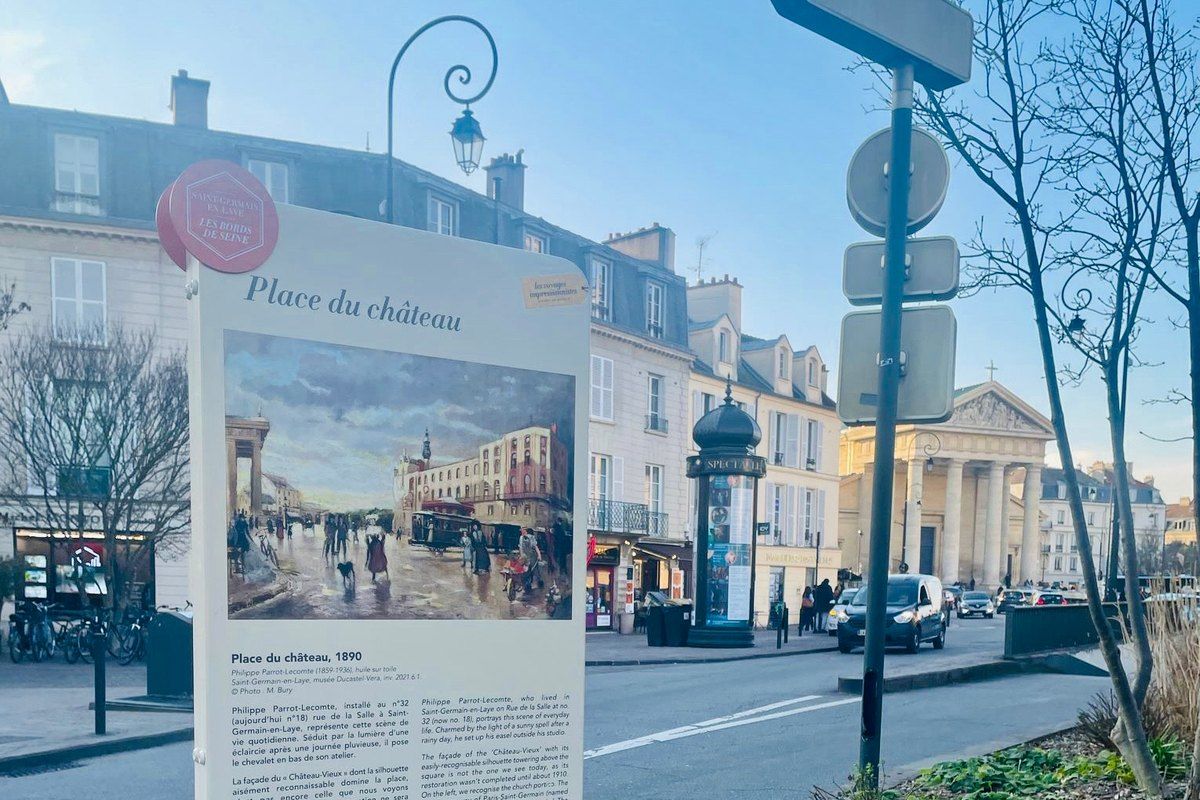 A reproduction panel of the Impressionist Trail on Place Malraux in Saint-Germain-en-Laye