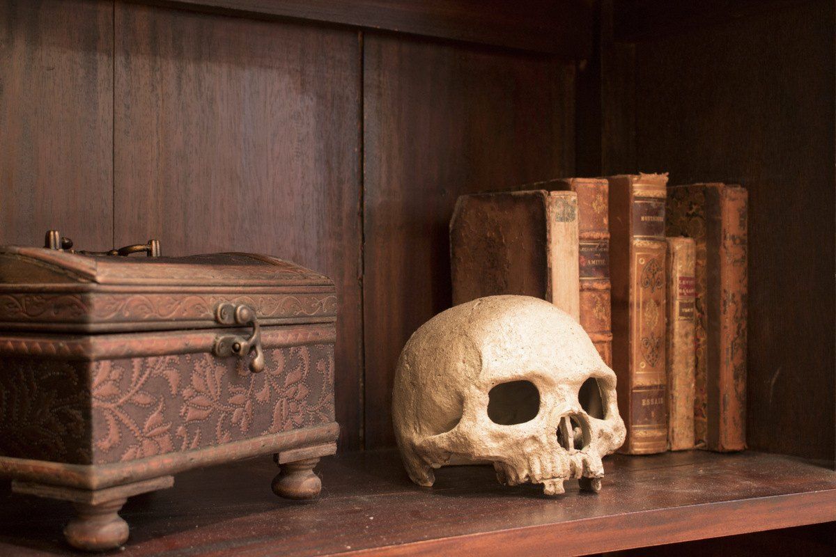 A skull, an old chest and leather-bound books on a shelf in one of the Total Xscape escape rooms