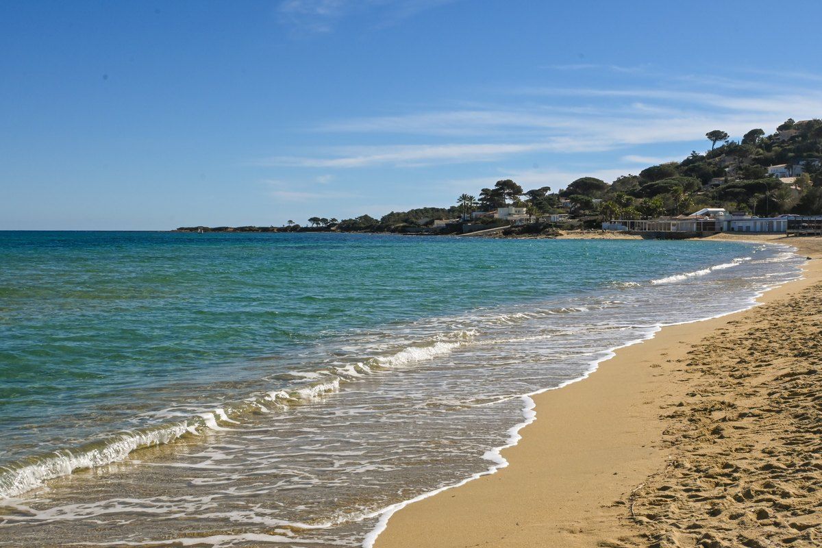 The long sandy curve of Plage de la Nartelle in Sainte-Maxime, with gentle waves and pines at the far end