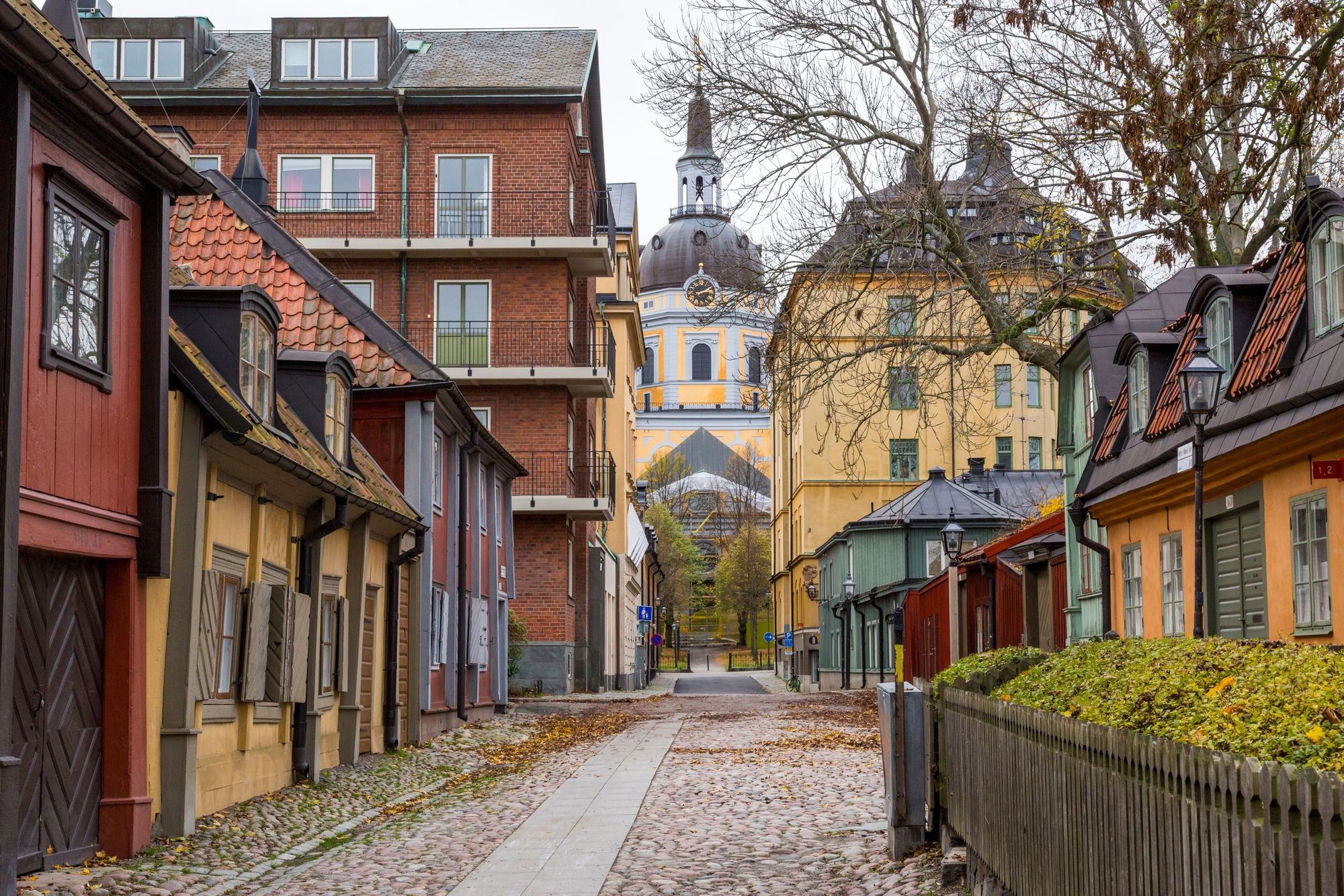 Old houses on a cobbled lane on Södermalm in Stockholm