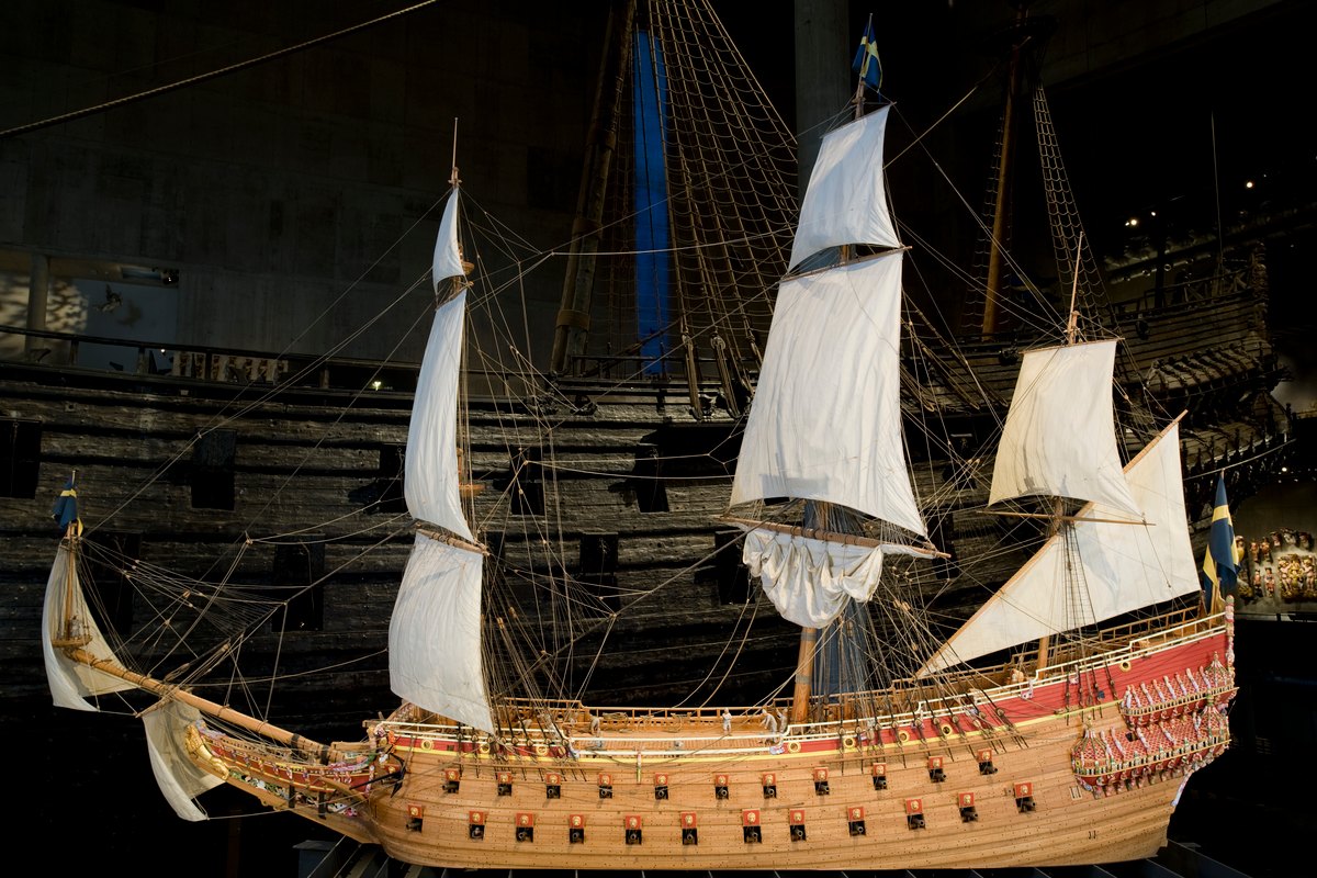 The 1:10 scale model of the warship Vasa under full sail in the Vasa Museum
