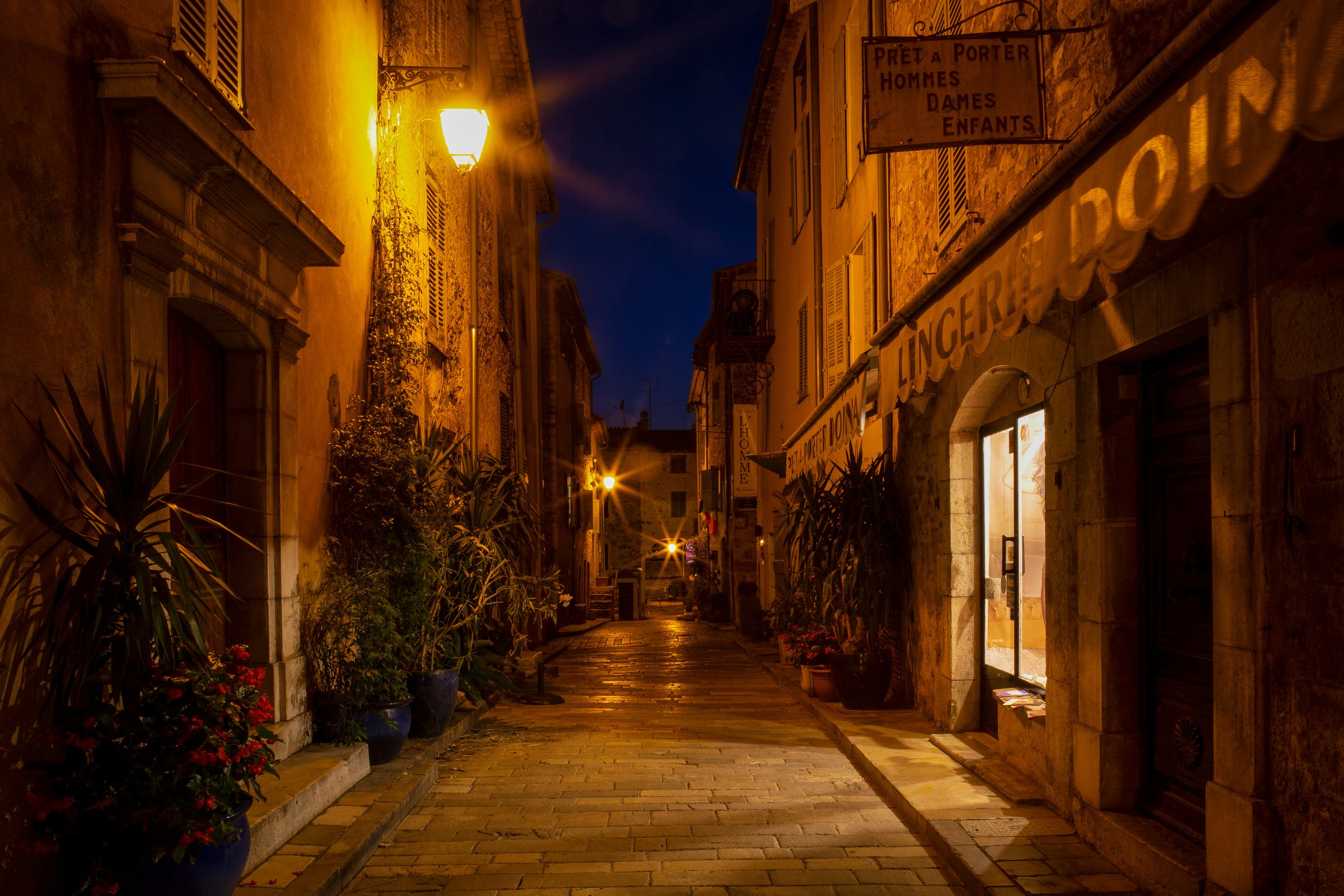 Valbonne village at night