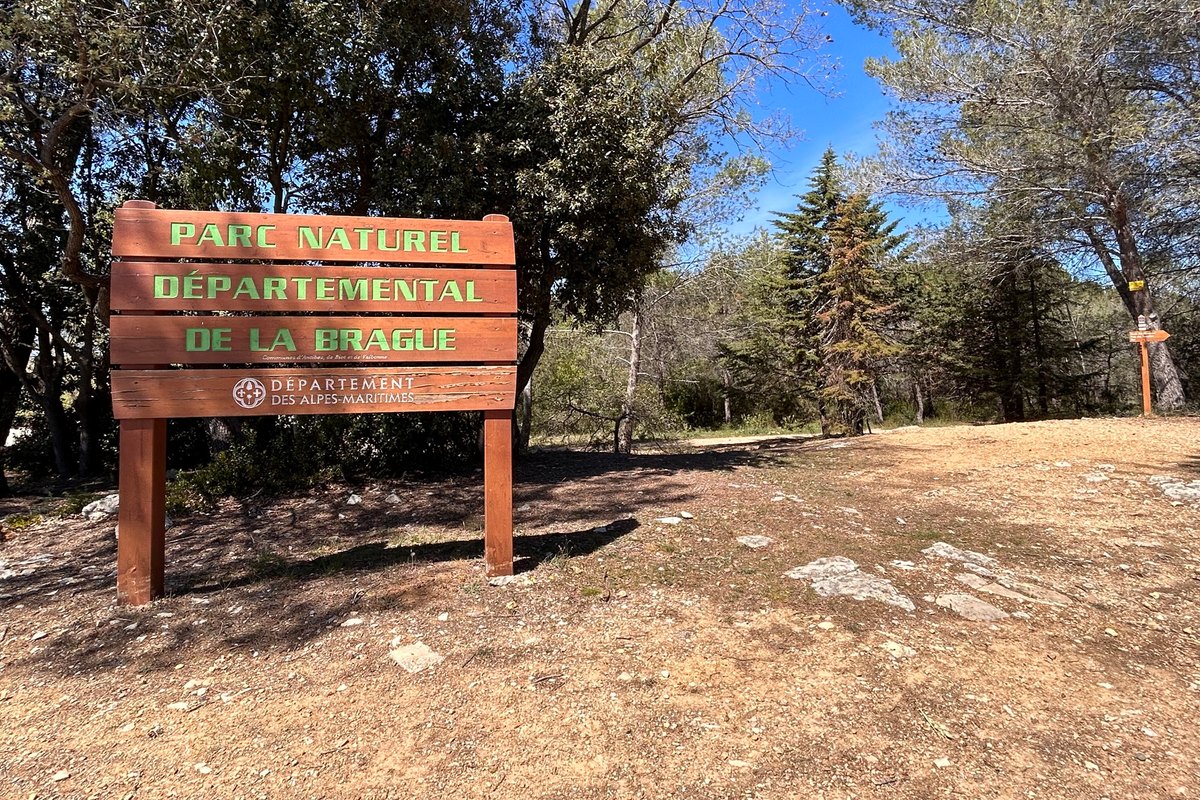 The wooden trailhead sign of the Brague discovery path in the Sophia Antipolis woods