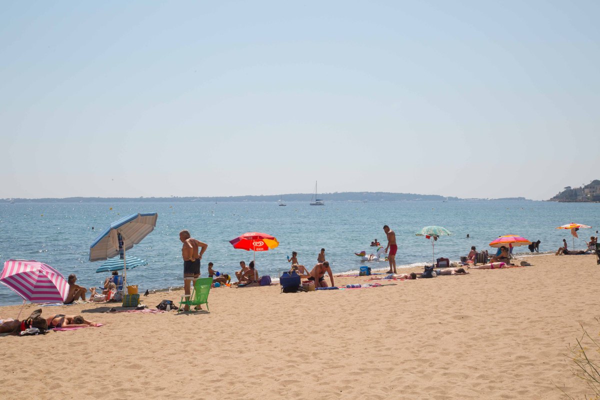 Parasols and swimmers on the wide sandy Plage Pablo Picasso at Golfe-Juan, the Cap d'Antibes on the horizon