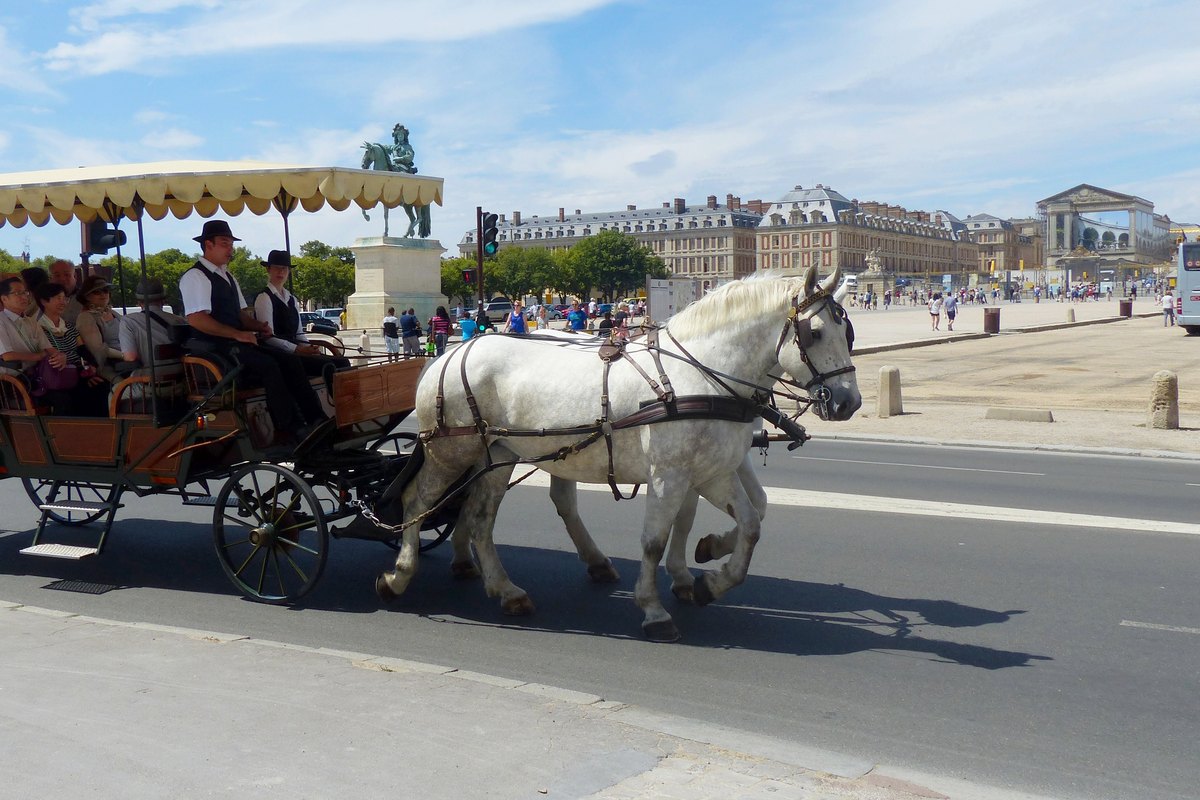 A horse-drawn wagonette of Les Calèches de Versailles crossing the Place d'Armes in front of the palace